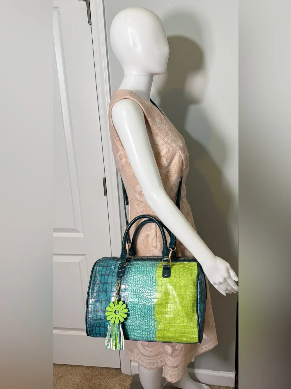 Teal Lime Ombre Croc Embossed Satchel Crossbody Bag Faux Leather